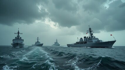 Four majestic navy ships sail in formation across an expansive, dark blue ocean under a clear sky. A proud Canadian flag flutters atop the leading vessel
