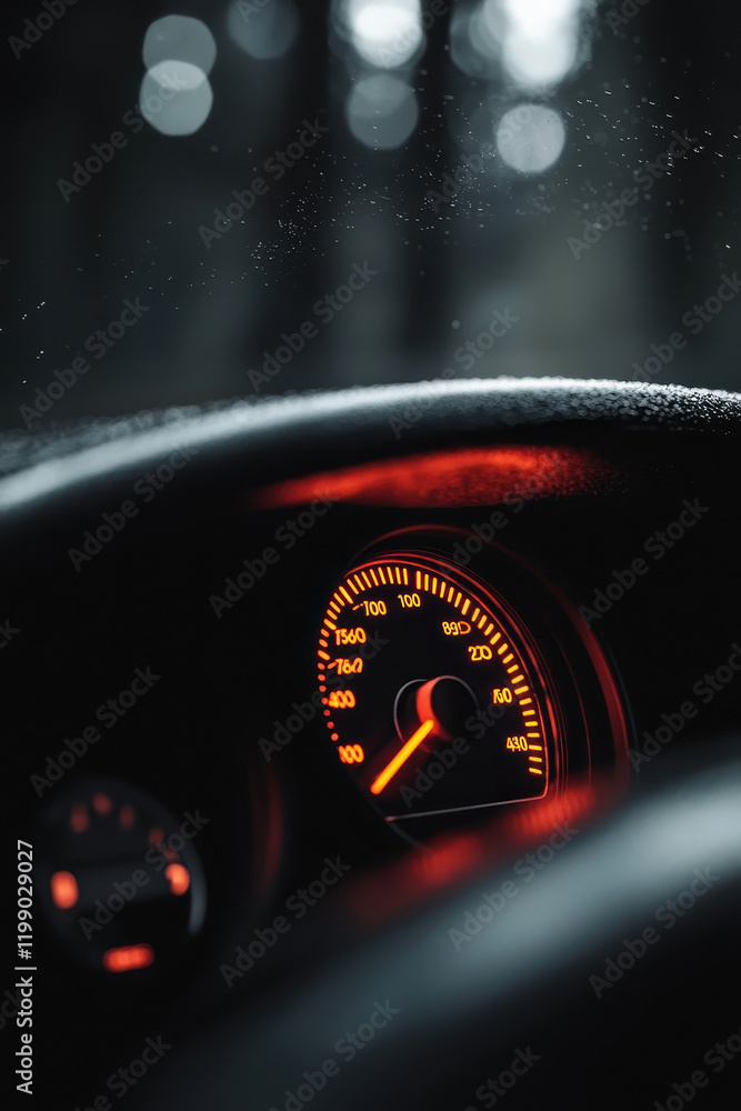 Poster dynamic close-up view of a car's illuminated speedometer at night revealing high speed and performan