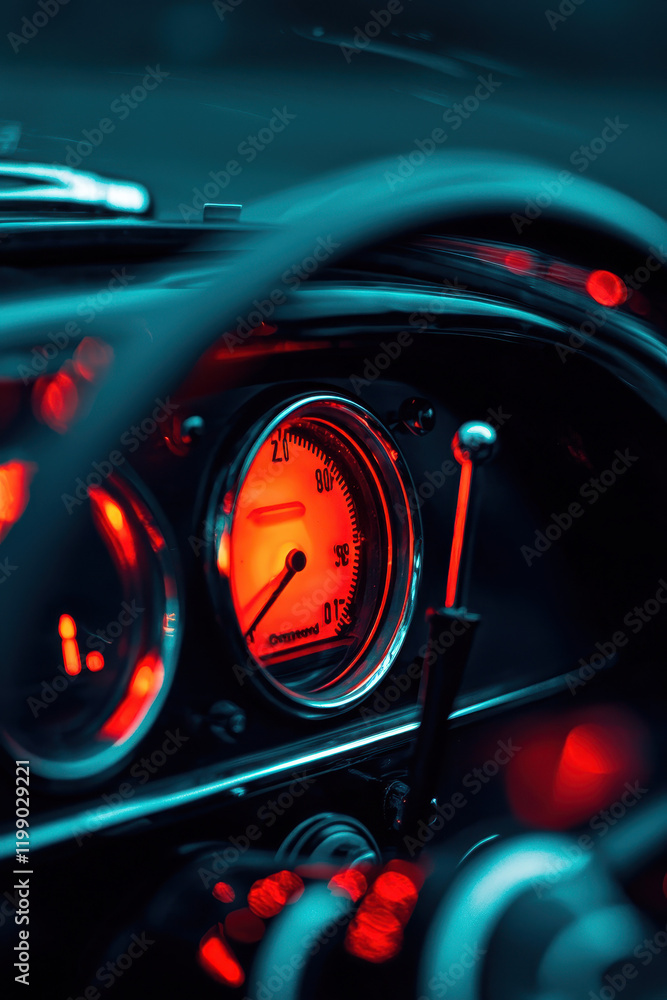 Poster classic car dashboard with illuminated speedometer and retro design elements showcasing analog instr