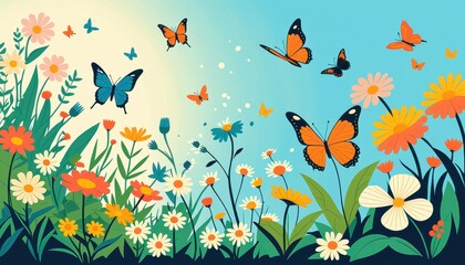 Vibrant butterflies gracefully flutter over colorful wildflowers in sunlit meadow