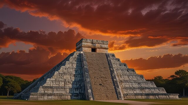 chichenitza in mexico during red sunset