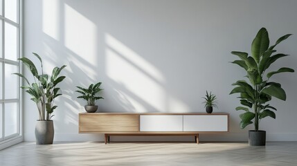 Wooden TV cabinet in modern living room design in beige color wall