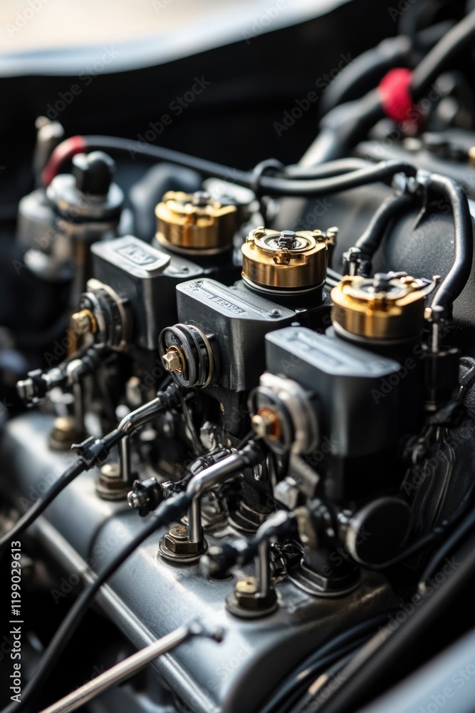 Poster a close-up view of a car engine with mechanical parts and tools