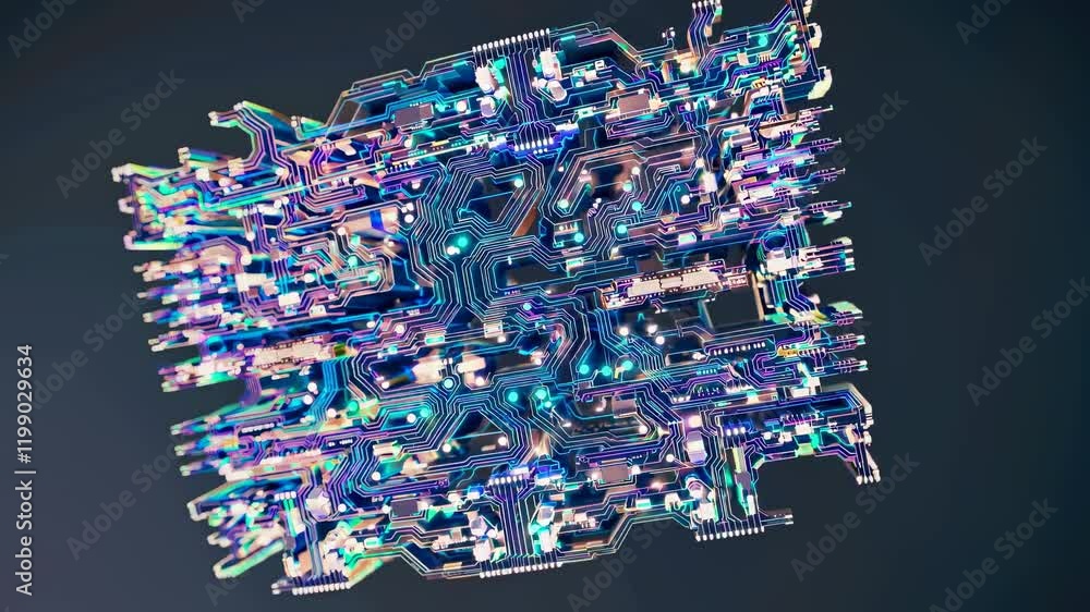 Poster exploring the intricate design of a futuristic microchip structure with vivid colors and complex cir