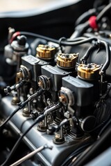 A close-up view of a car engine with mechanical parts and tools