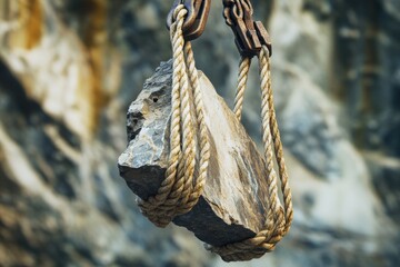 A wooden beam hangs from a rope in mid-air, possibly in a rustic or natural setting