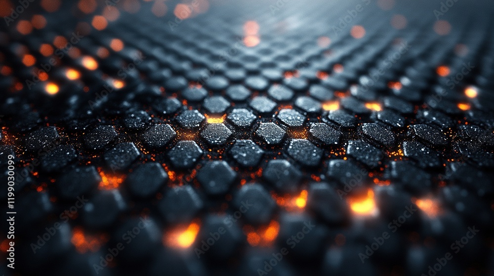 Poster glowing hexagonal surface with sparks, dark background
