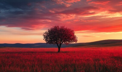 A heart-shaped tree in a brilliant red meadow at sunset, with a striking sky above.