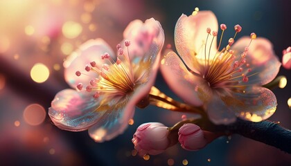 Close-up of a budding cherry blossom, showcasing soft pink petals and vibrant golden stamens against a blurred background, radiating spring's delicate charm.