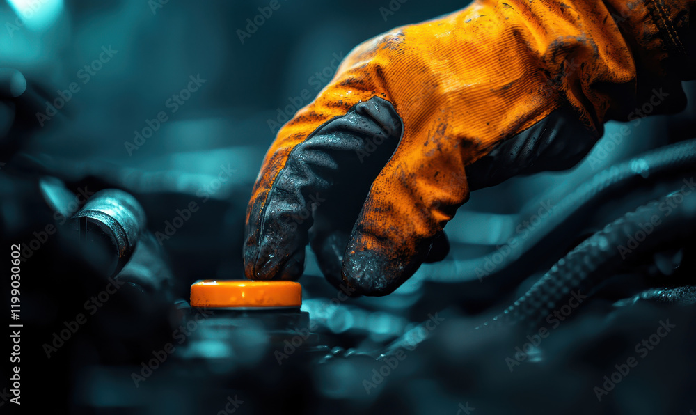 Poster industrial precision: gloved hand operating machinery with an orange button in a workshop setting