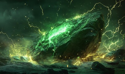 Ancient fossil with green energy field and electric sparks surrounding it