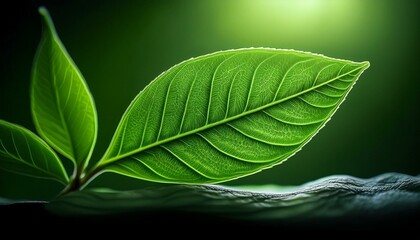 Obraz premium Capture the vibrant green hues of a new leaf unfurling, with delicate veins illuminated by backlight, showcasing the intricate details of fresh spring growth.