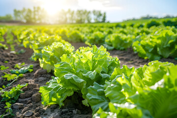 Sun-drenched Field of Lush Green Lettuce - A Vivid Portrayal of Organic Farming