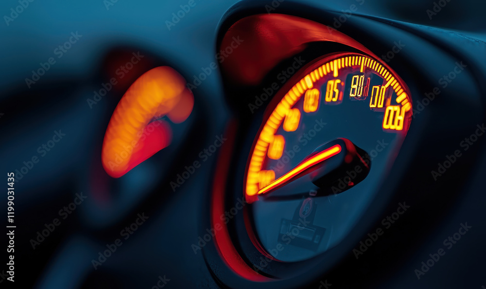Poster illuminated speedometer dial displaying speed with glowing needles on a vehicle dashboard at night f