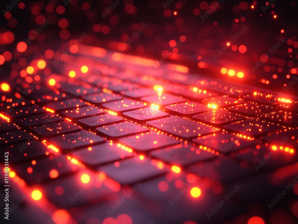 Poster glowing keyboard with red particles in digital space