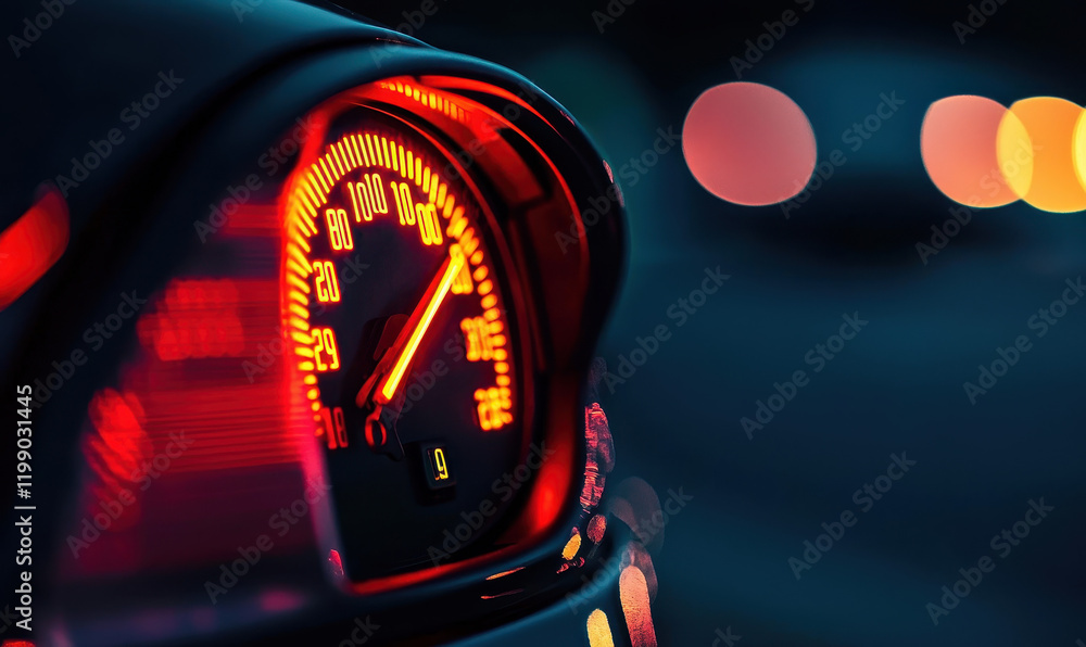 Poster vibrant speedometer displaying speed with red illumination on a night drive, capturing motion and fo