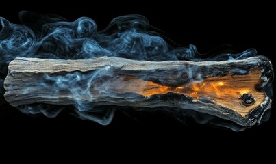 Aromatic smoke from a burning Palo Santo stick used in meditation and esoteric ceremonies, highlighting the concepts of mindfulness and slow living. Top view.