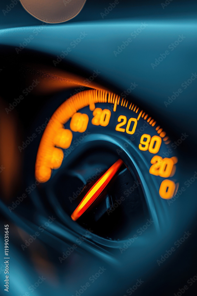 Poster close-up of a car speedometer showing high speed in illuminated dashboard environment