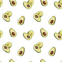 Watercolor avocado, background. Watercolor avocado pattern. Fruits, vegetables. Half of a brown ripe avocado with a stone. Design for food packaging, stationery and wallpaper.