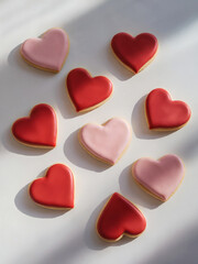 Obraz premium Icing cookies: A minimalist and serene photo of red and pink heart-shaped icing cookies on a white background