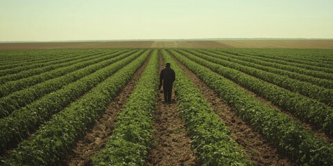 A solitary farmer walks through the verdant fields, representing the hard work and tranquility of rural agriculture, showcasing the beauty and resilience of nature