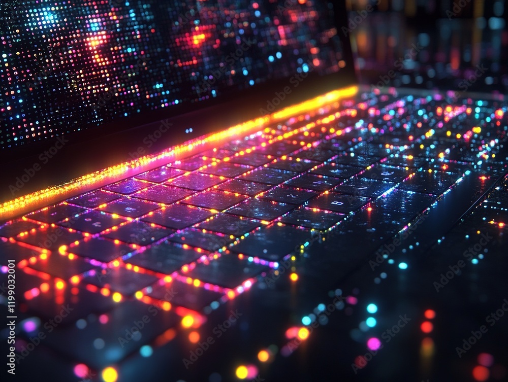 Poster glowing laptop keyboard with data stream on screen in dark room