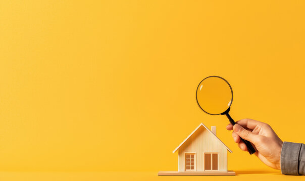 Exploring Real Estate Concepts: Miniature Wooden House Under Magnifying Glass for Detailed Property Analysis and Architecture Insight