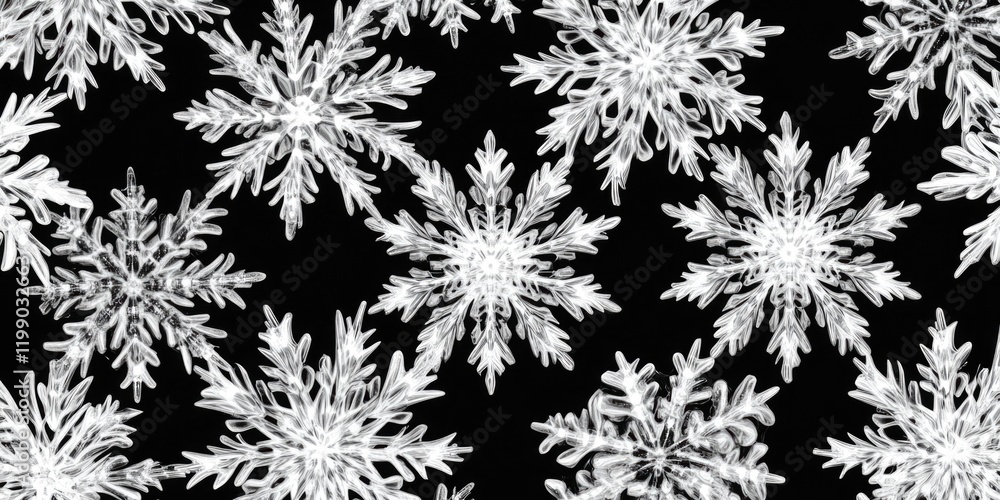 Poster close-up of intricate snowflake patterns in black and white