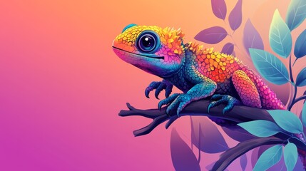 Obraz premium Vibrant Colorful Lizard, Close-up Reptile, Tropical Leaves Background, Gradient Sunset Colors