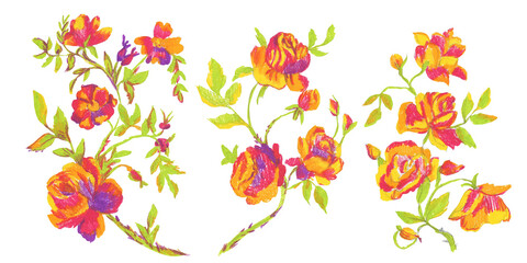 Clip art of brightly colored roses drawn with wax crayons on white isolated background. Children's botanical collection of oil pastel illustrations.