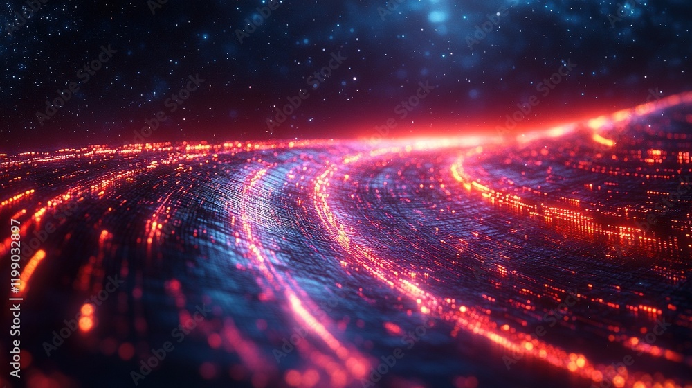 Poster glowing light trails curve across space with starry background