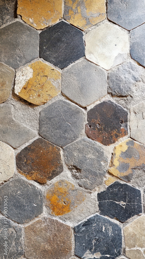 Poster Hexagonal stone mosaic floor pattern in various colors