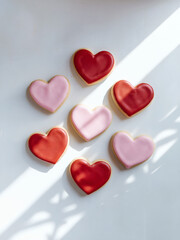 Fototapeta premium Icing cookies: A minimalist and serene photo of red and pink heart-shaped icing cookies on a white background