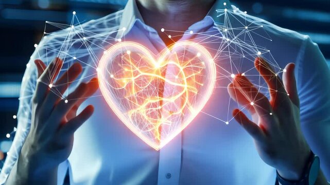Heart of Innovation: A person's hands gently cradle a glowing, network-connected heart, symbolizing connection, innovation, and the human element in technology. The image evokes a sense of care.