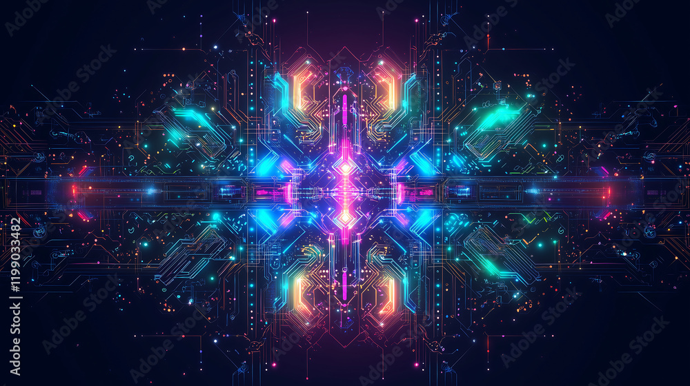 Aufkleber abstract neon circuit design featuring vibrant symmetrical patterns and glowing futuristic elements 