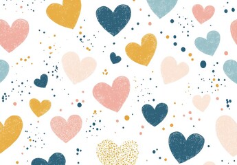 A seamless pattern of colorful hearts with black outlines on white background