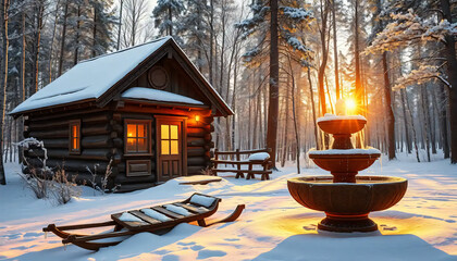 A_icon_of_In_an_enchanting_winter_landscape,_a_quaint,_timber-clad_cabin_stands_amidst_a_snowy_forest,_bathed_in_the_soft,_golden_glow_of Generative AI