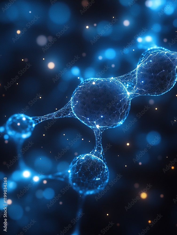 Poster glowing molecule structure connecting atoms in abstract space