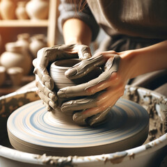 a woman's hands sculpting pottery on a spinning pottery wheel, showcasing the craftsmanship and creativity in a serene artisan studio.