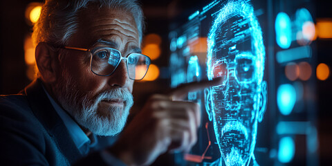 Senior scientist analyzing facial recognition data on digital screen, Artificial intelligence technology, A tech-savvy business leader interacting 