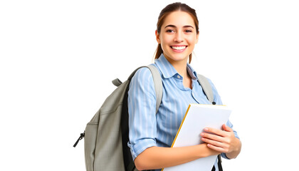 Smiling female student with backpack and holding a book, isolated white background