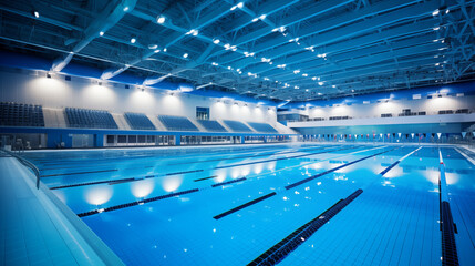 Naklejka premium A wide-angle view of a bright and modern indoor swimming pool with a blue and white color scheme, featuring high ceilings, flags, and large windows for natural light.