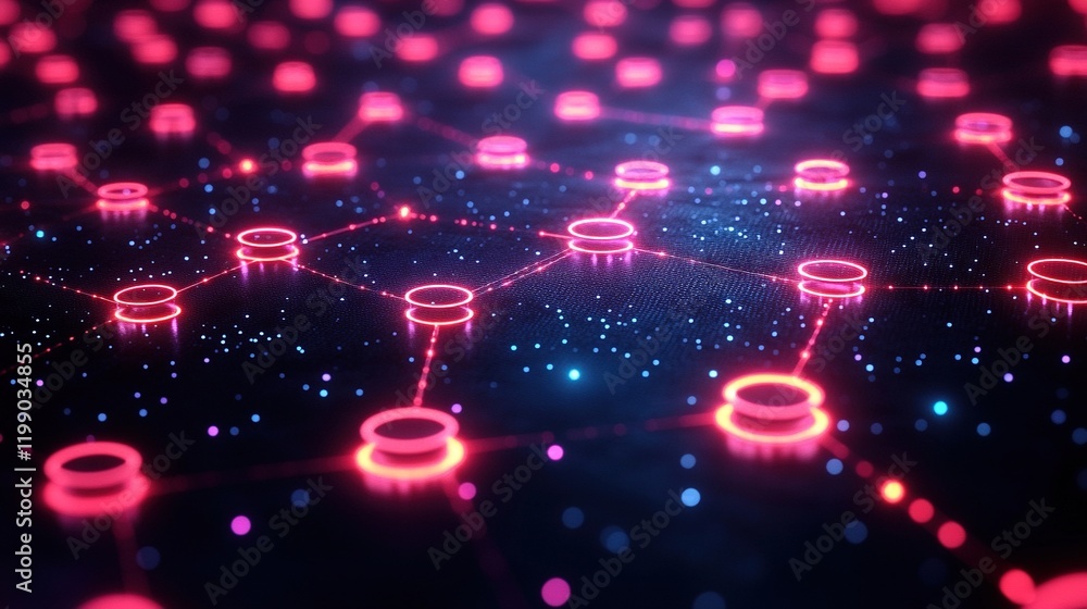 Poster glowing network nodes connected, data flow on dark background