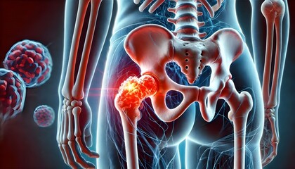 Hip bone cancer or tumor, one side pain. 3d illustration