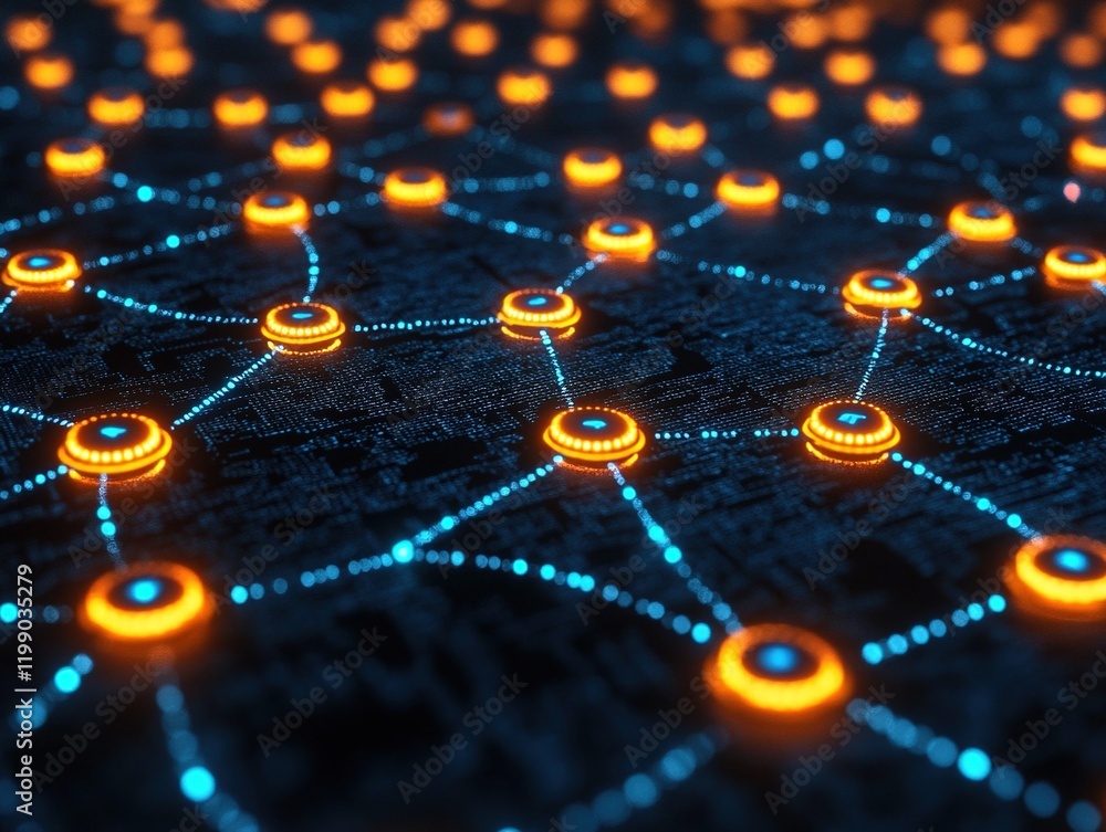 Poster glowing network nodes on circuit board, data flow