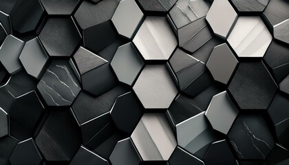 Showcase a hexagonal tile design with a geometric pattern in shades of black and white, creating a bold, modern contrast with clean lines and symmetry