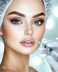 Doctor's hand with a syringe preparing to give a cosmetic injection into the woman's face. Cosmetic surgery and lip augmentation concept. Close-up fashion portrait for poster, commercial, design 