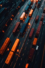 Heavy truck logistics movement urban highway aerial view nighttime traffic transportation efficiency