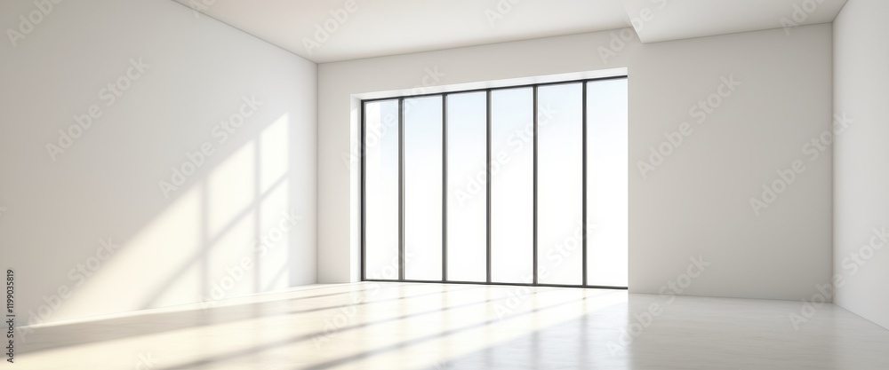 Poster minimalist interior with sunlit large floor-to-ceiling windows creating an open bright space