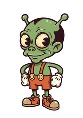 Obraz premium Cheerful cartoon alien character with antennae in red overalls and shoes